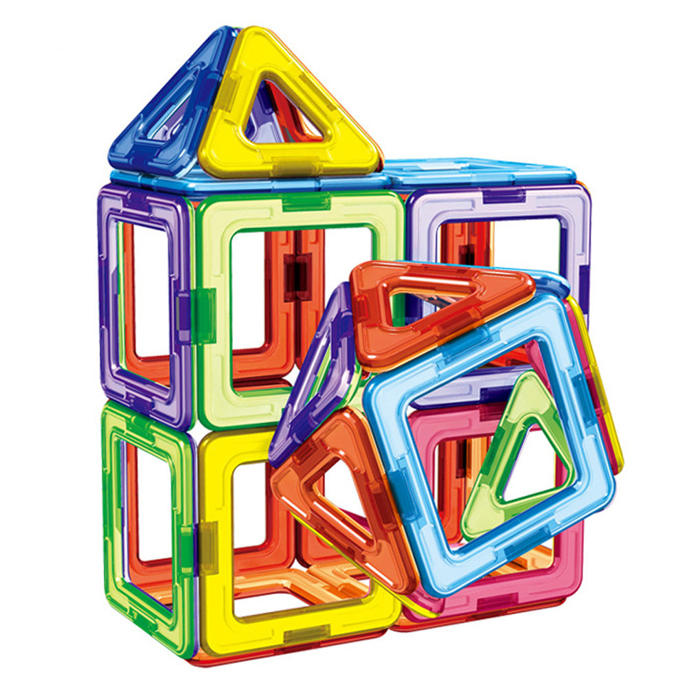 Educational magnetic building set featuring 46 colorful geometric ABS plastic pieces for kids.