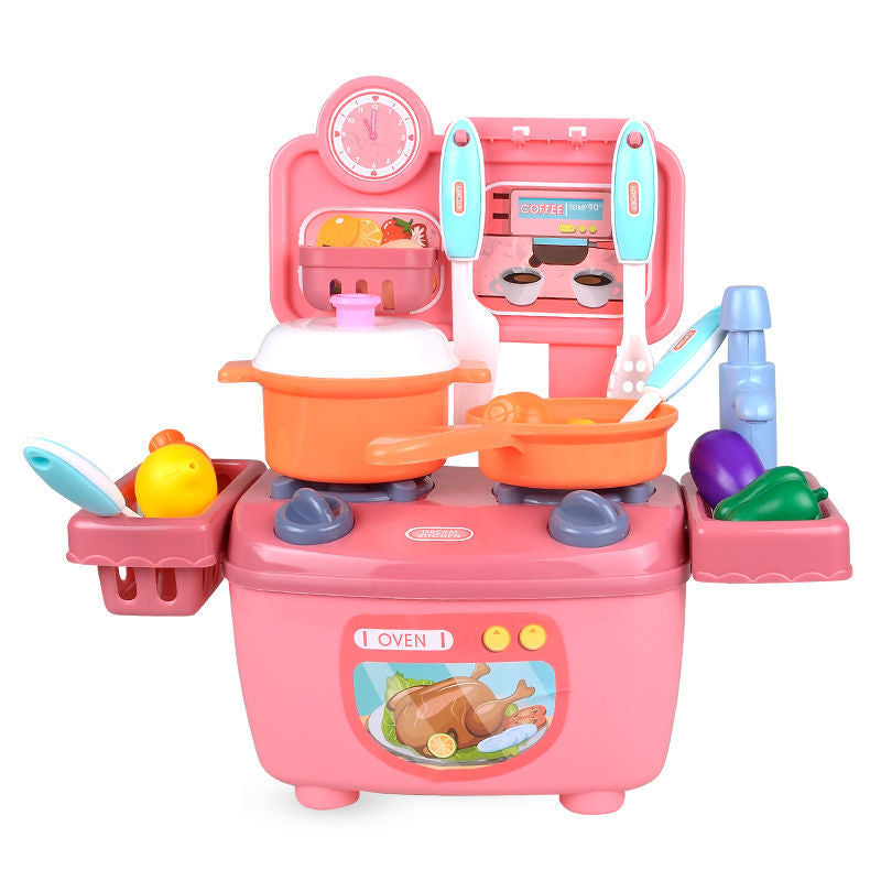 Educational plastic play kitchen toy set in pink with cooking accessories, pots, and utensils