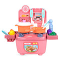 Educational plastic play kitchen toy set in pink with cooking accessories, pots, and utensils