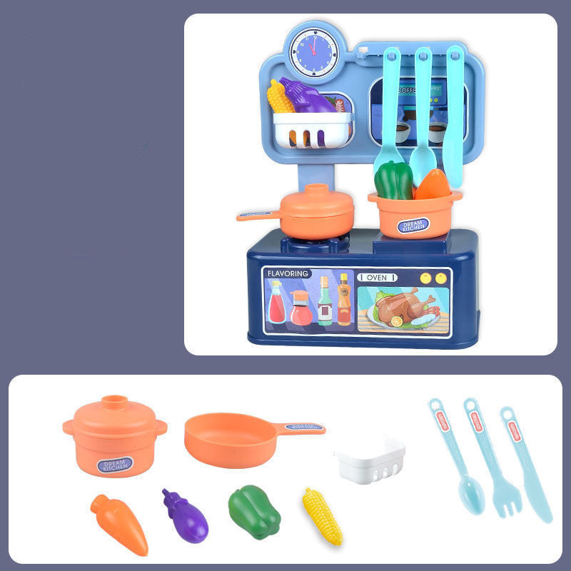 Educational plastic play kitchen toy set in pink with cooking accessories, pots, and utensils — view 2