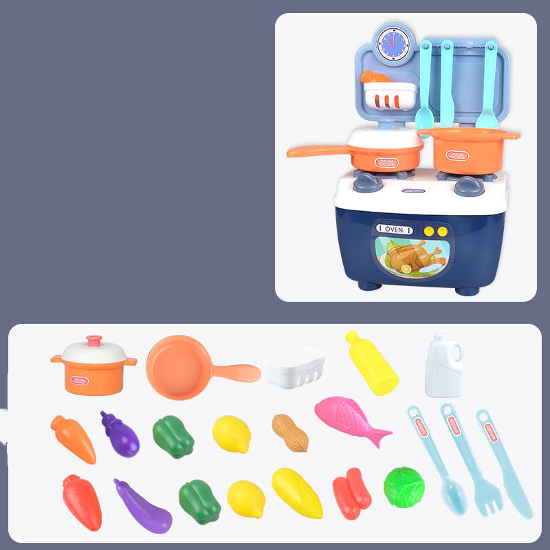 Educational plastic play kitchen toy set in pink with cooking accessories, pots, and utensils — view 3