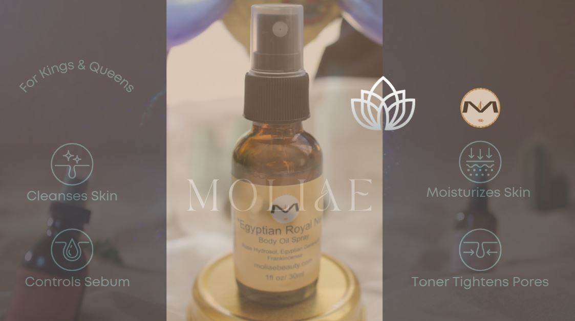 Egyptian Royal Netru Body Oil Spray bottle with rose, frankincense, and geranium natural skin nourishment — view 2