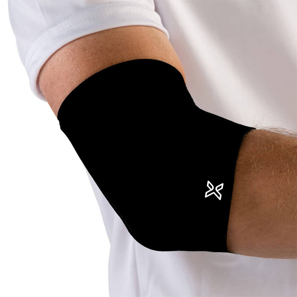 Black latex-free elbow compression sleeve for joint support and sports recovery without bulky straps