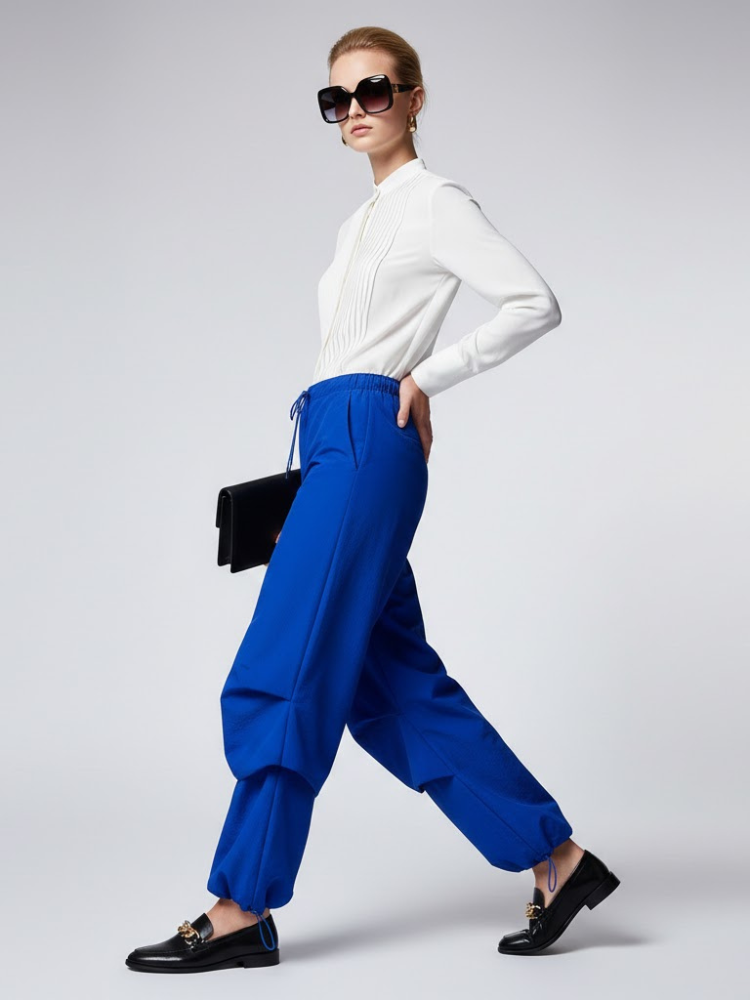 Electric blue women's layered trousers with oversized fit and adjustable technical drawstrings. — view 2