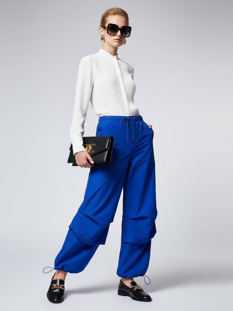 Electric blue women's layered trousers with oversized fit and adjustable technical drawstrings.