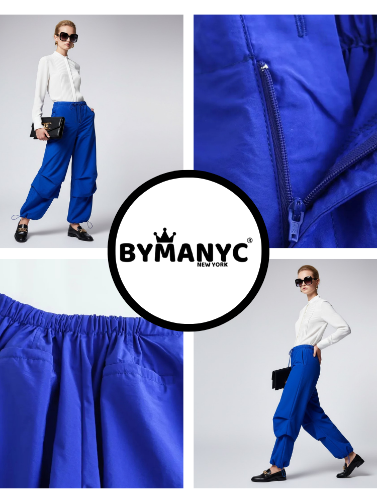 Electric blue women's layered trousers with oversized fit and adjustable technical drawstrings. — view 3