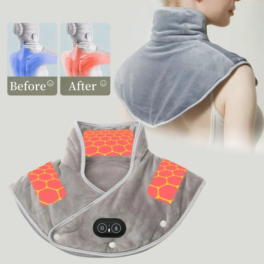 Grey USB electric heating neck and shoulder massager wrap made of soft plush velvet material — view 2