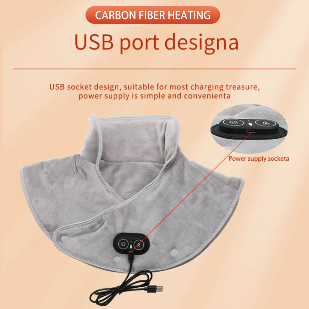 Grey USB electric heating neck and shoulder massager wrap made of soft plush velvet material — view 4