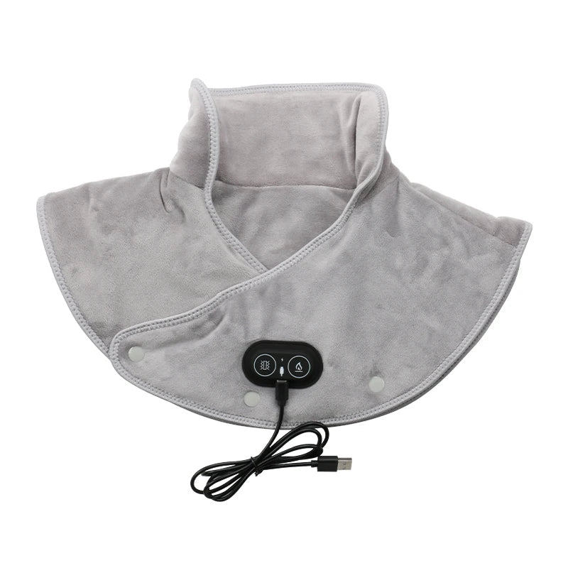 Grey USB electric heating neck and shoulder massager wrap made of soft plush velvet material