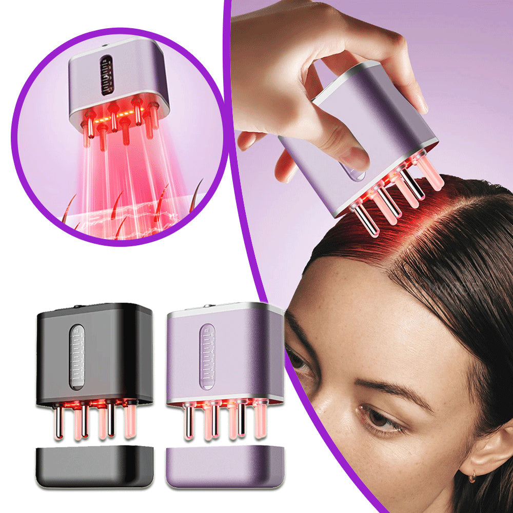 Electric scalp massager in light purple with charging cable and serum dispensing comb