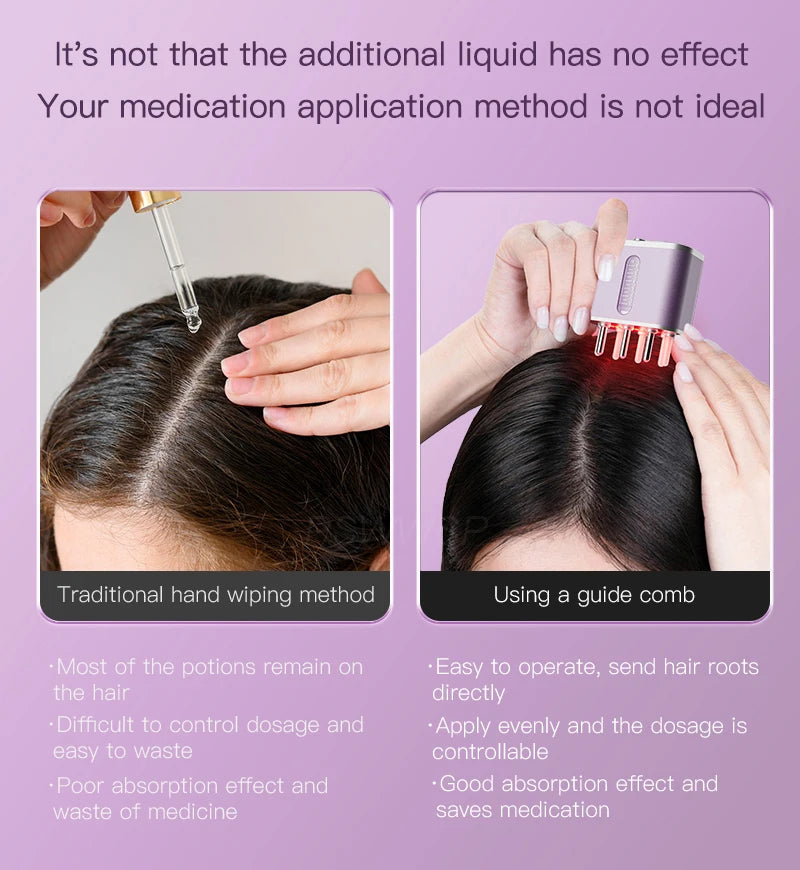 Electric scalp massager in light purple with charging cable and serum dispensing comb — view 3