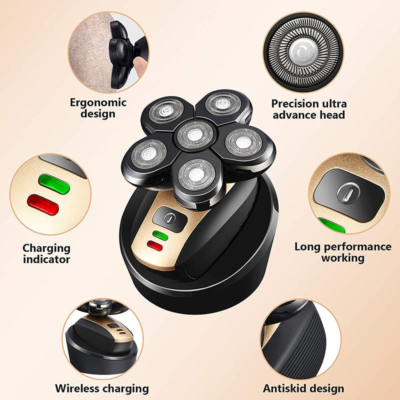 Black and gold 5-in-1 multifunctional men's electric shaver with floating blades and interchangeable grooming attachments