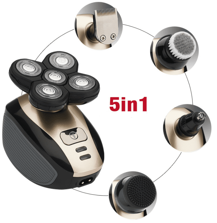 Black and gold 5-in-1 multifunctional men's electric shaver with floating blades and interchangeable grooming attachments — view 2