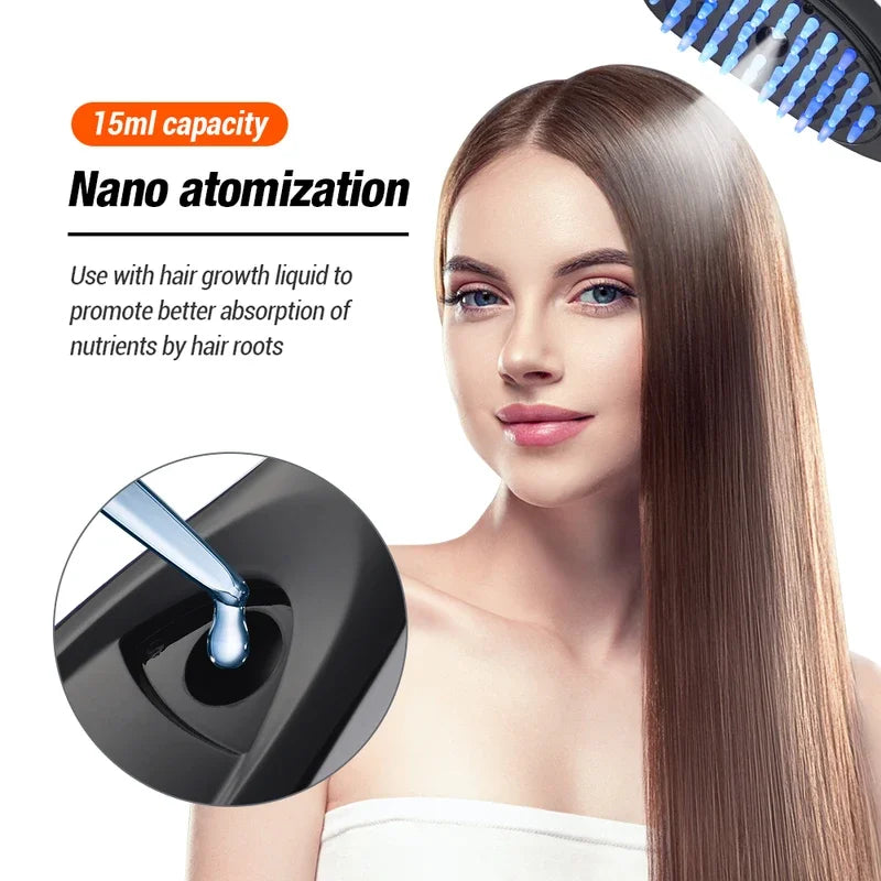 Black electric spray massage comb with LED light therapy for hair growth and scalp care — view 3