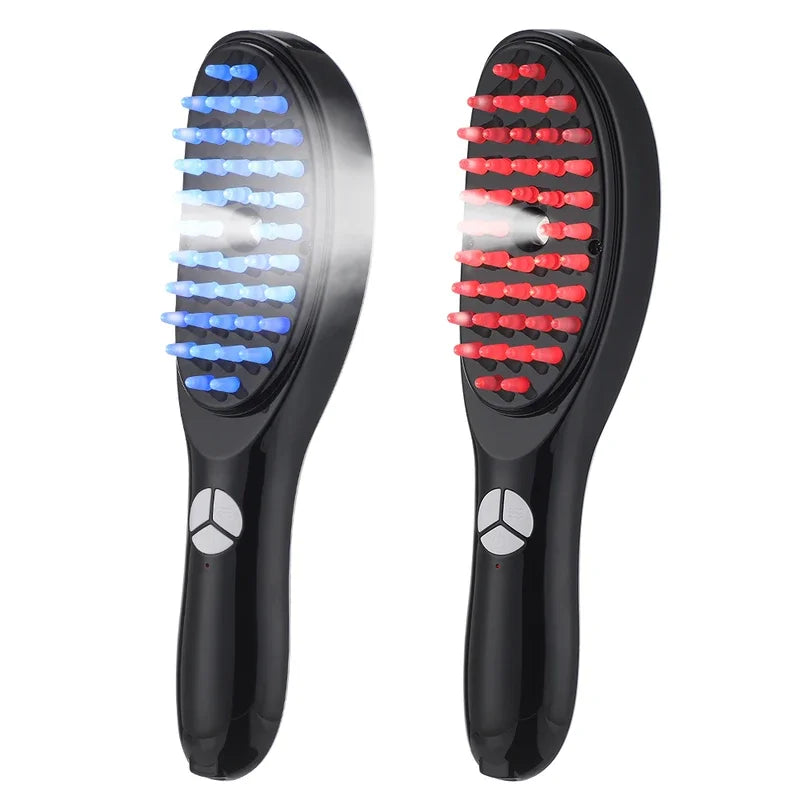 Black electric spray massage comb with LED light therapy for hair growth and scalp care