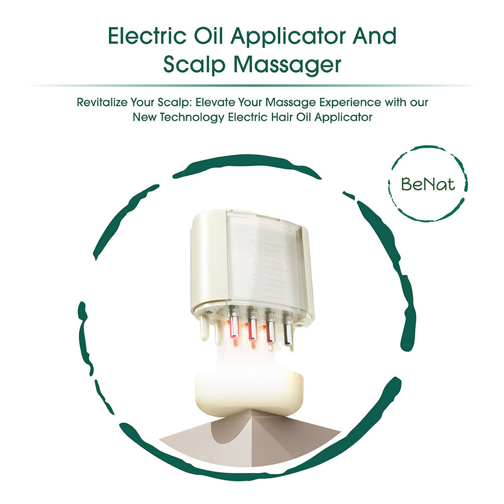 Electric scalp massager and oil applicator device with rolling balls, comb teeth, and clear tank — view 2