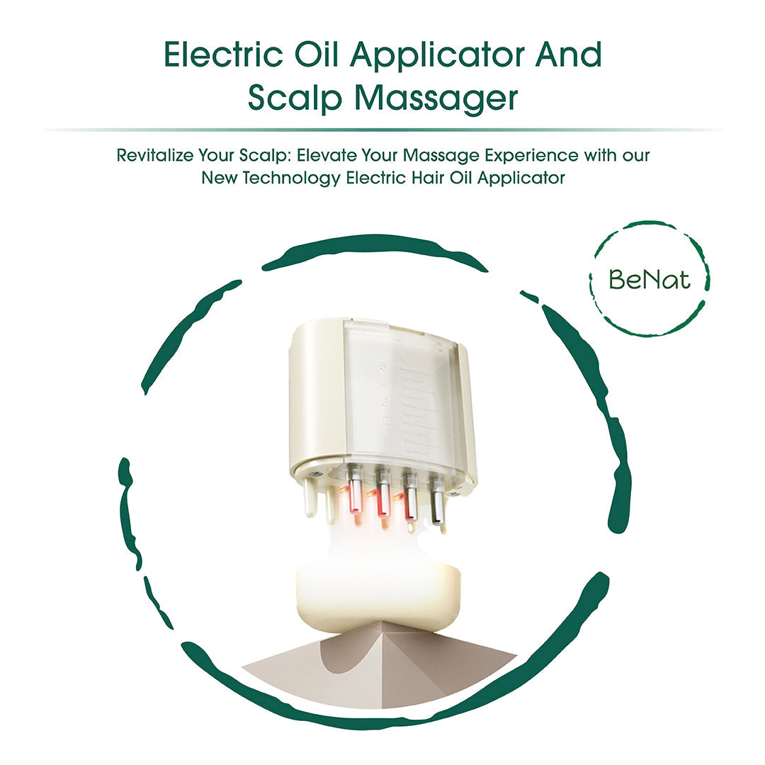 Electric scalp massager and oil applicator device with rolling balls, comb teeth, and clear tank — view 2
