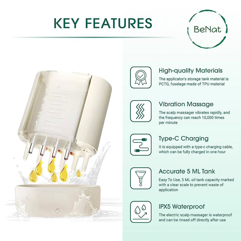 Electric scalp massager and oil applicator device with rolling balls, comb teeth, and clear tank — view 3