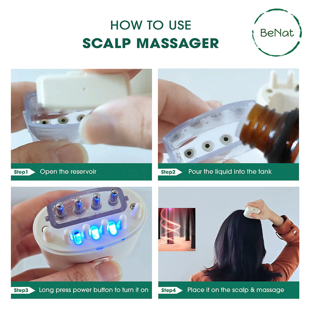 Electric scalp massager and oil applicator device with rolling balls, comb teeth, and clear tank — view 5