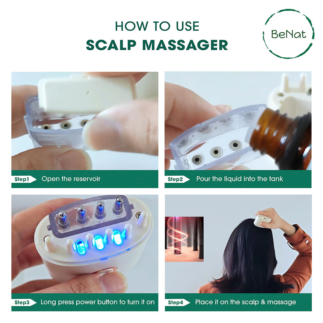 Electric scalp massager and oil applicator device with rolling balls, comb teeth, and clear tank — view 5