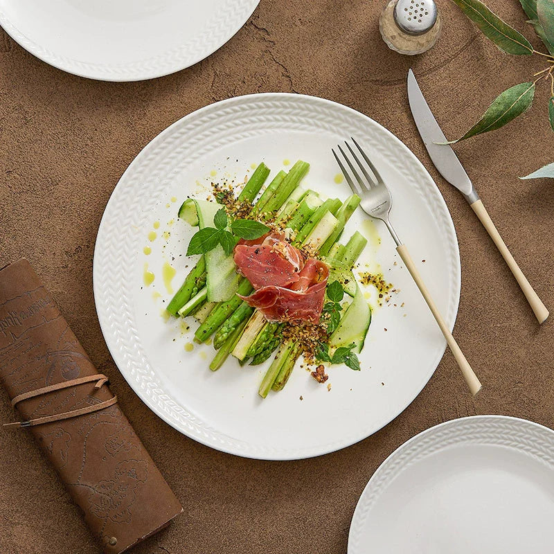 Braided rim white ceramic dinner plate with an embossed textured edge made of high-fired porcelain — view 2