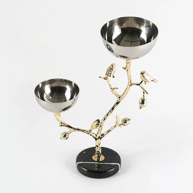 Luxury decorative bowl stand with golden tree bird branches and dual stainless steel serving bowls — view 4