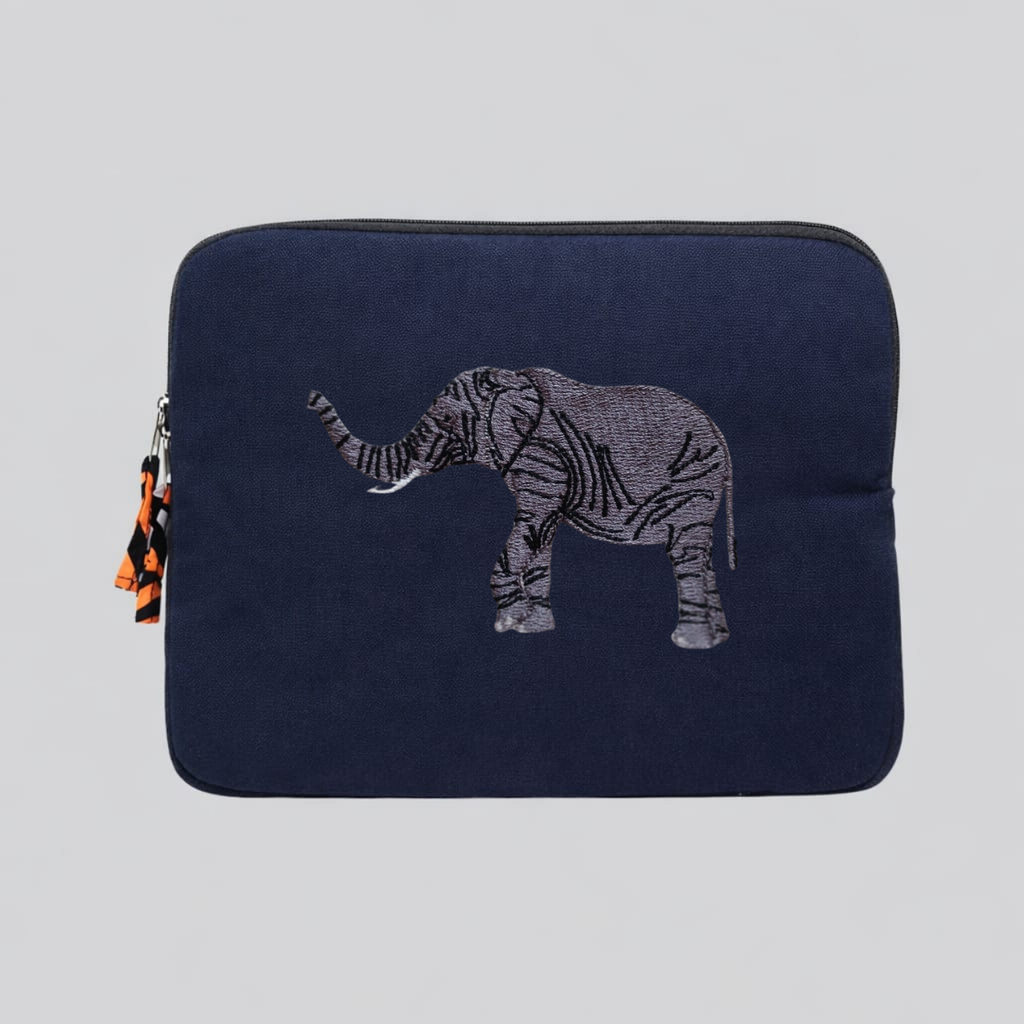 Elephant laptop sleeve in warm earthy cotton canvas with beautifully stitched savanna wildlife embroidery details. — view 4