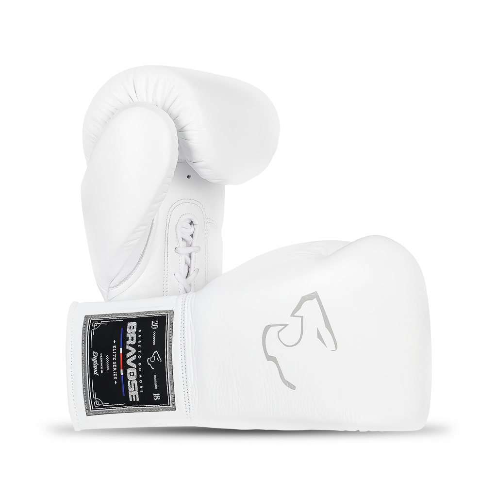 Elite Pro 2.0 lace-up boxing gloves in white and grey premium cowhide leather