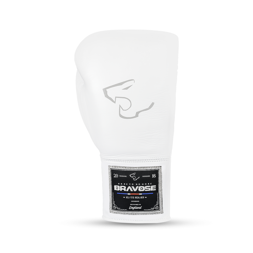 Elite Pro 2.0 lace-up boxing gloves in white and grey premium cowhide leather — view 2