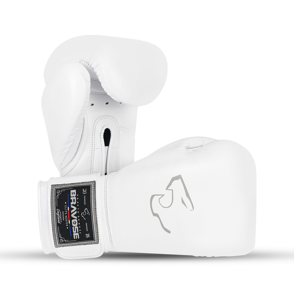 White and grey velcro boxing gloves made from genuine cowhide leather with reinforced foam cuffs.