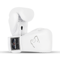 White and grey velcro boxing gloves made from genuine cowhide leather with reinforced foam cuffs.