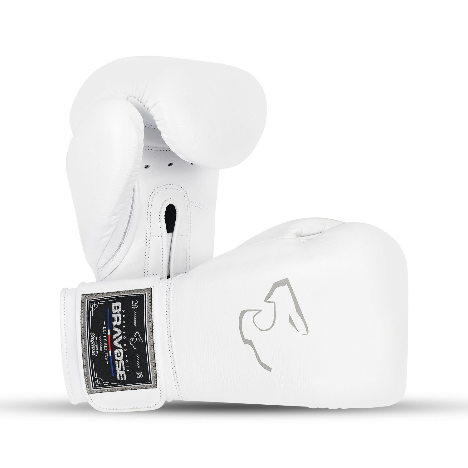 White and grey velcro boxing gloves made from genuine cowhide leather with reinforced foam cuffs.