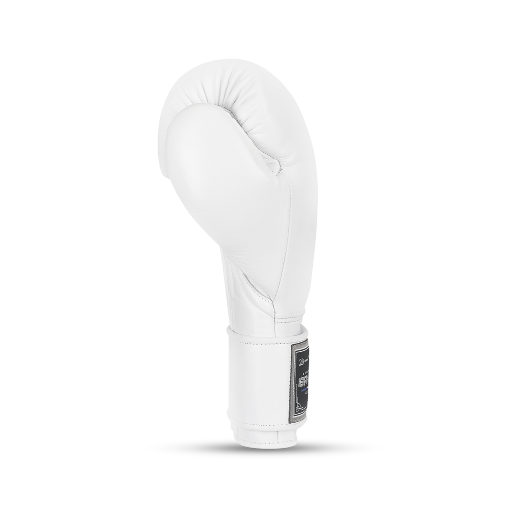 White and grey velcro boxing gloves made from genuine cowhide leather with reinforced foam cuffs. — view 3