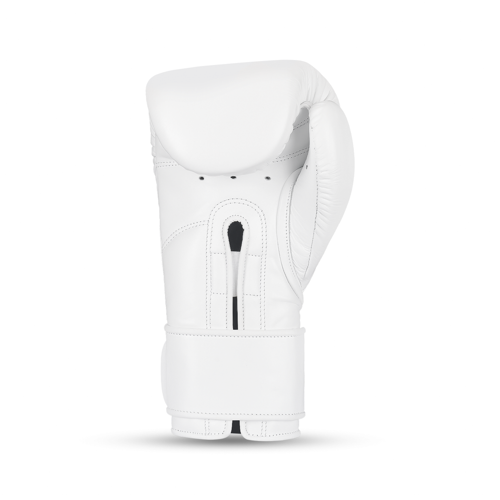White and grey velcro boxing gloves made from genuine cowhide leather with reinforced foam cuffs. — view 4