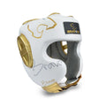 Elite boxing head guard in white PU leather with gold details and adjustable strap