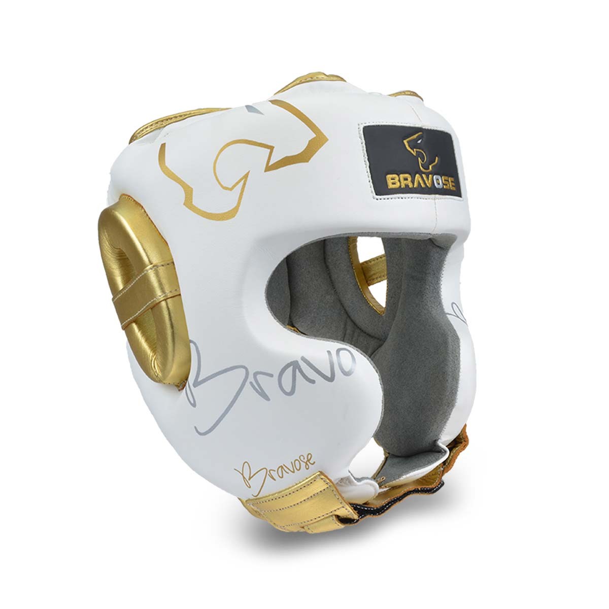 Elite boxing head guard in white PU leather with gold details and adjustable strap