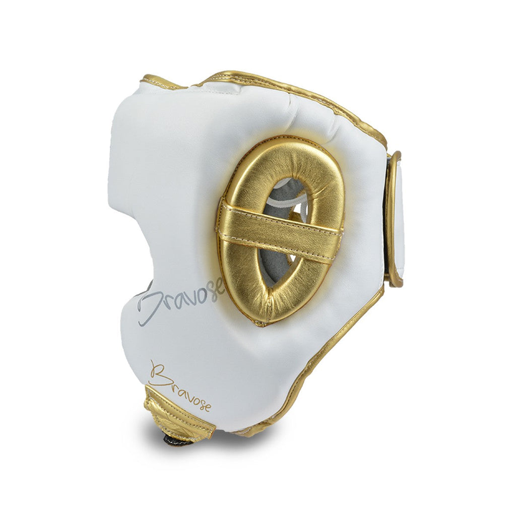 Elite boxing head guard in white PU leather with gold details and adjustable strap — view 3