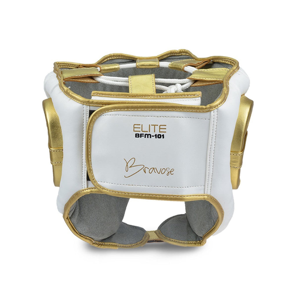 Elite boxing head guard in white PU leather with gold details and adjustable strap — view 4