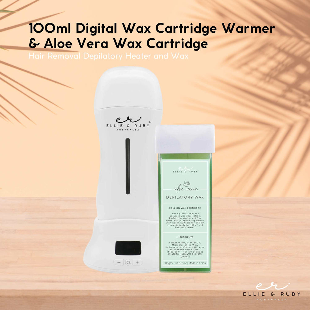 White handheld digital wax warmer with charging base and green aloe vera roll-on wax cartridge. — view 3