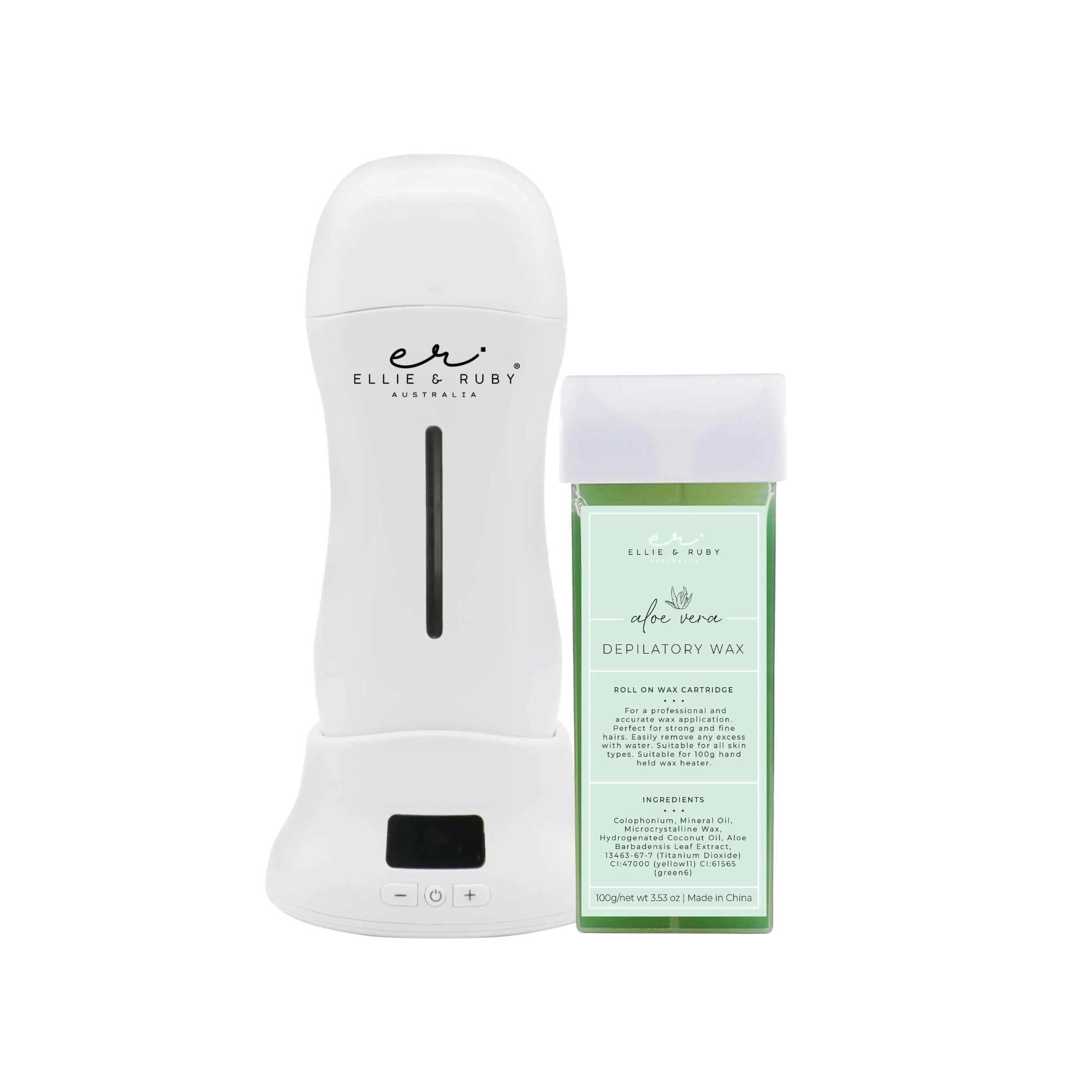 White handheld digital wax warmer with charging base and green aloe vera roll-on wax cartridge.