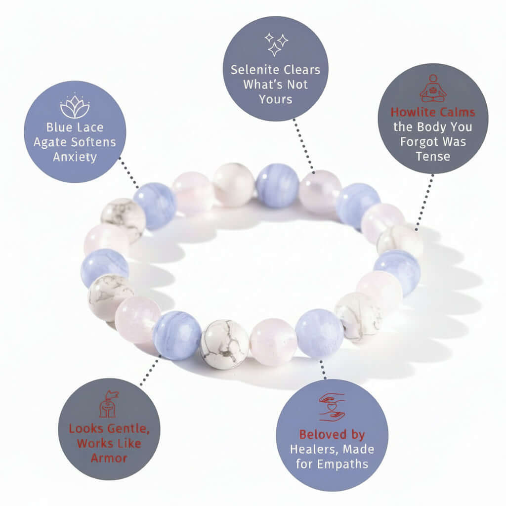 Handcrafted empath protection beaded bracelet featuring sky blue agate, white howlite, and selenite natural stones. — view 4