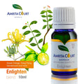 Enlighten essential oil blend in amber glass bottle with sweet citrus aromatherapy liquid