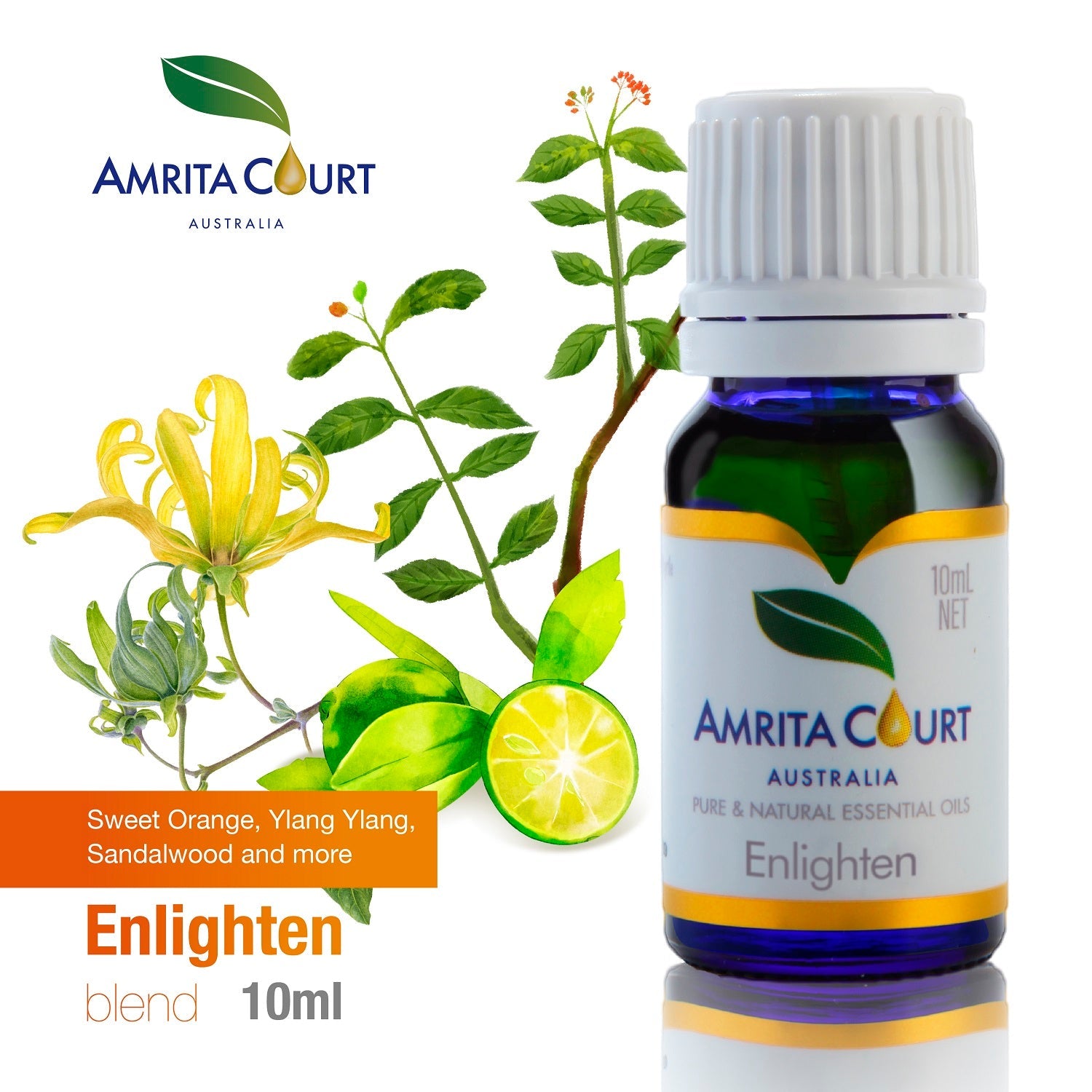 Enlighten essential oil blend in amber glass bottle with sweet citrus aromatherapy liquid