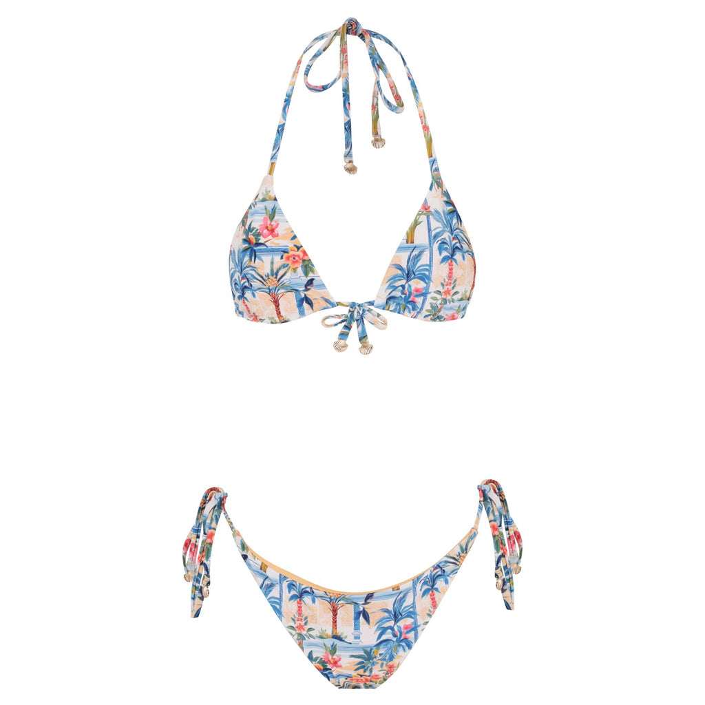 Positano Sun triangle bikini set, two piece seamless swimwear with gold shell tassels