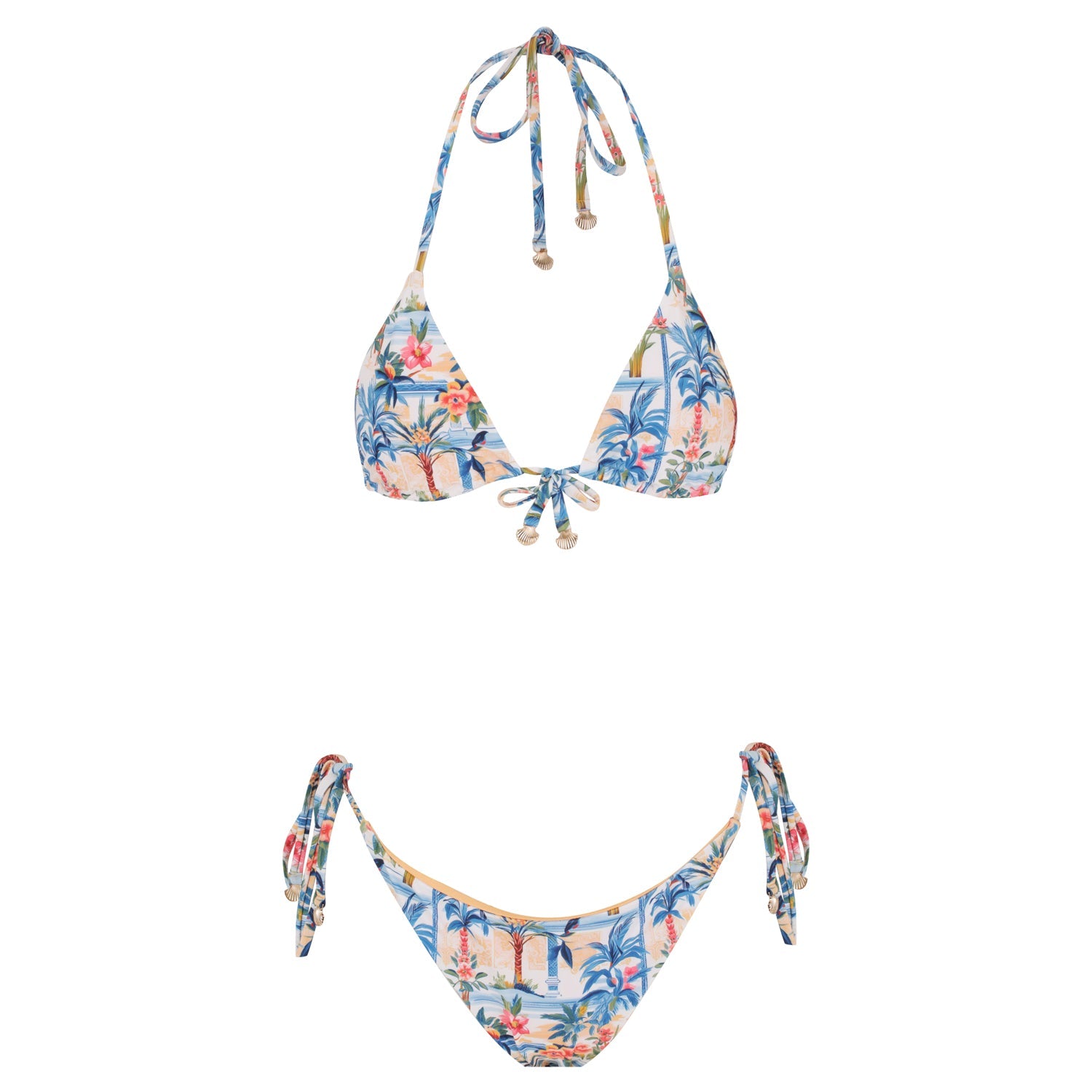 Positano Sun triangle bikini set, two piece seamless swimwear with gold shell tassels