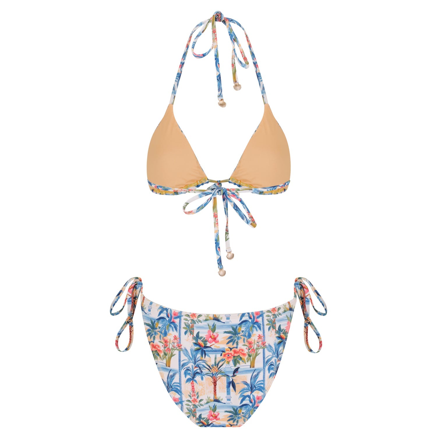 Positano Sun triangle bikini set, two piece seamless swimwear with gold shell tassels — view 2