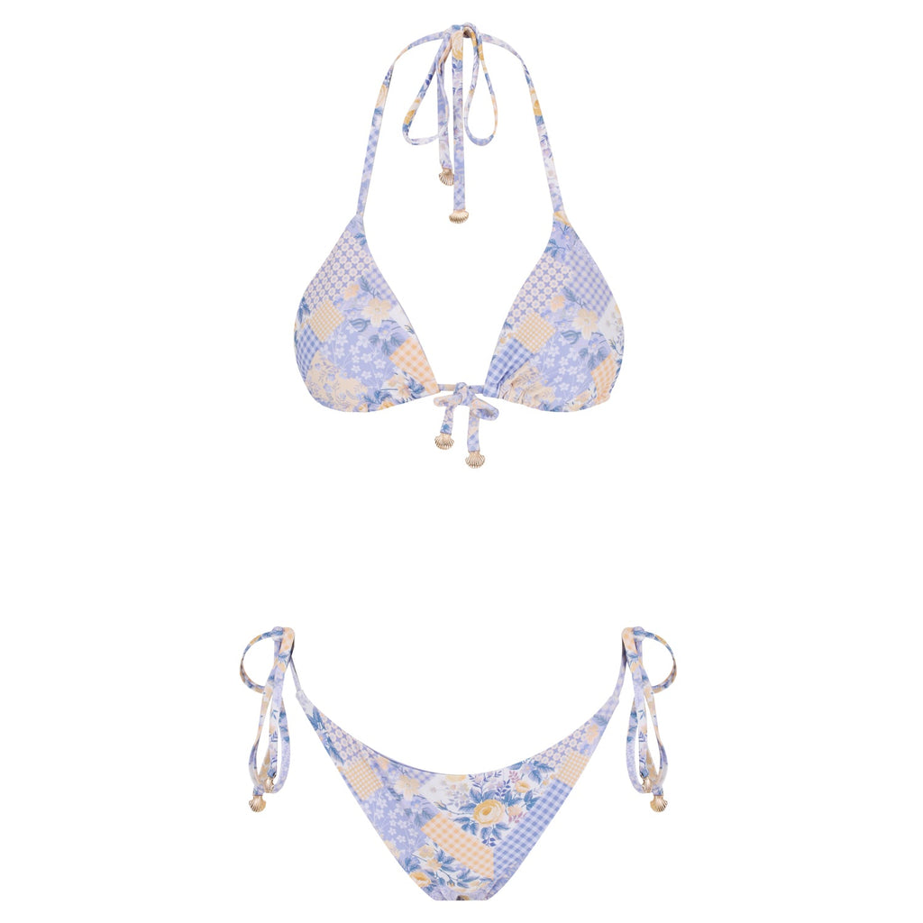 Lavender triangle bikini set with seamless design, gold shell tassels, and removable padded cups