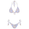 Lavender triangle bikini set with seamless design, gold shell tassels, and removable padded cups