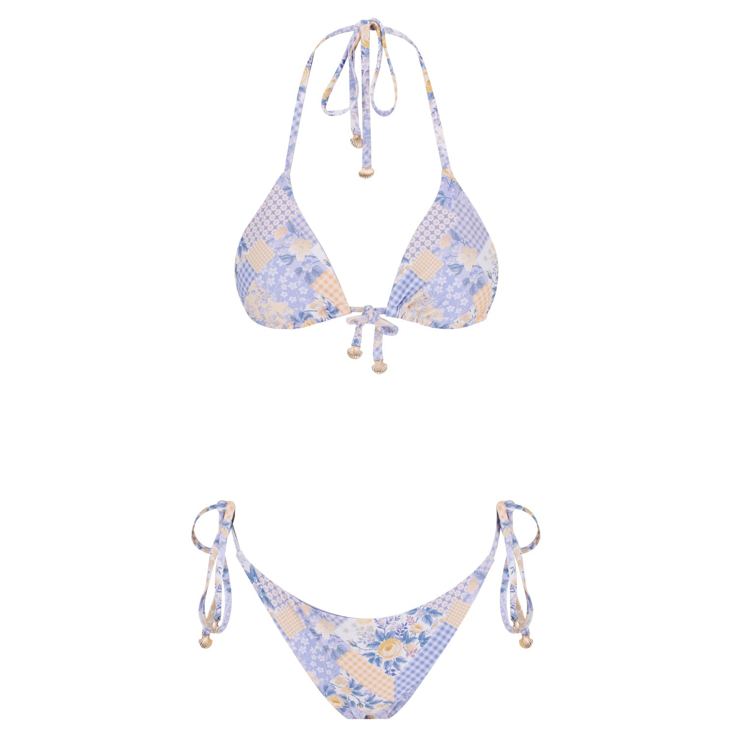 Lavender triangle bikini set with seamless design, gold shell tassels, and removable padded cups