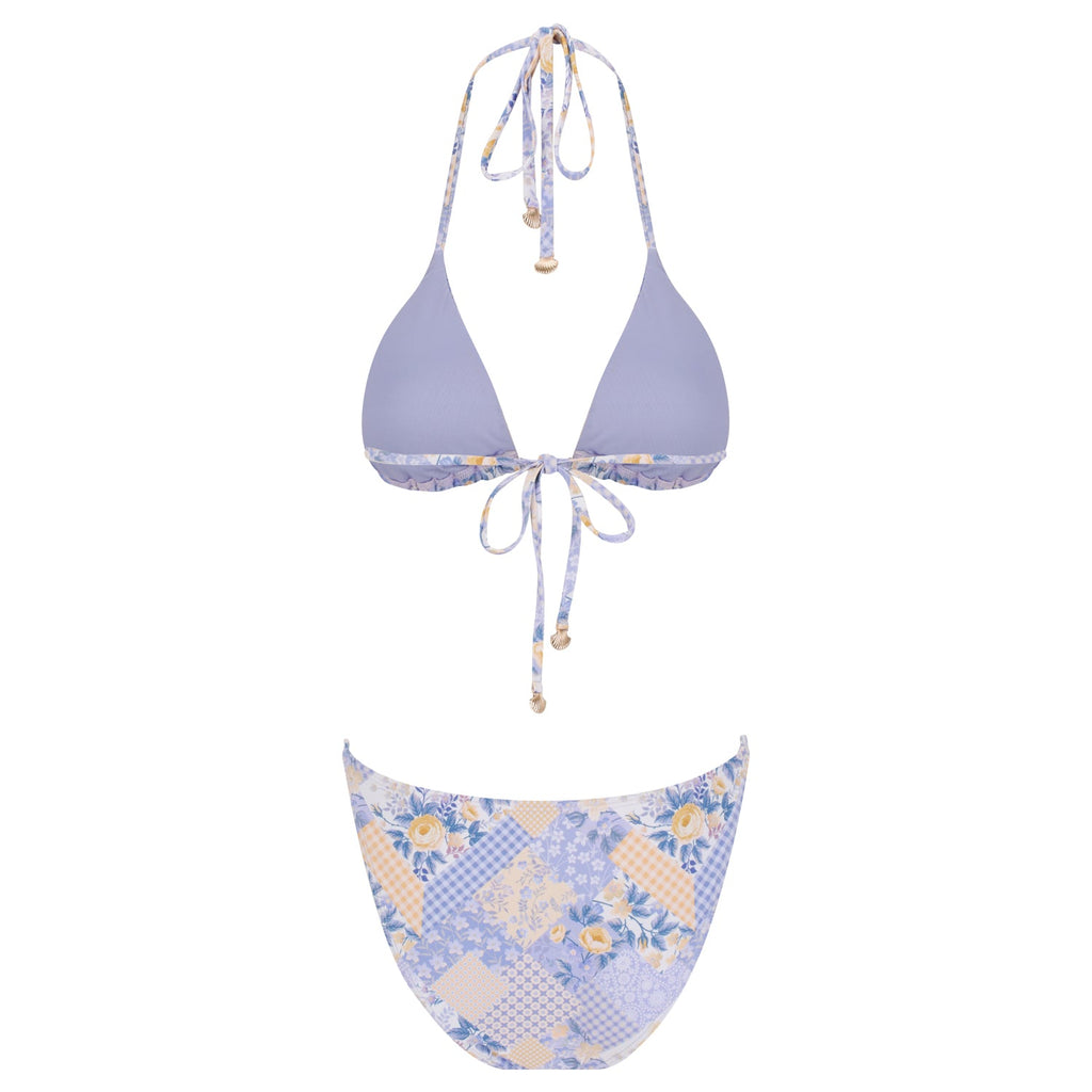 Lavender triangle bikini set with seamless design, gold shell tassels, and removable padded cups — view 2